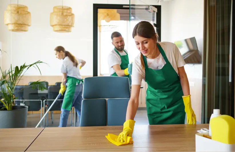 professional cleaners in green aprons