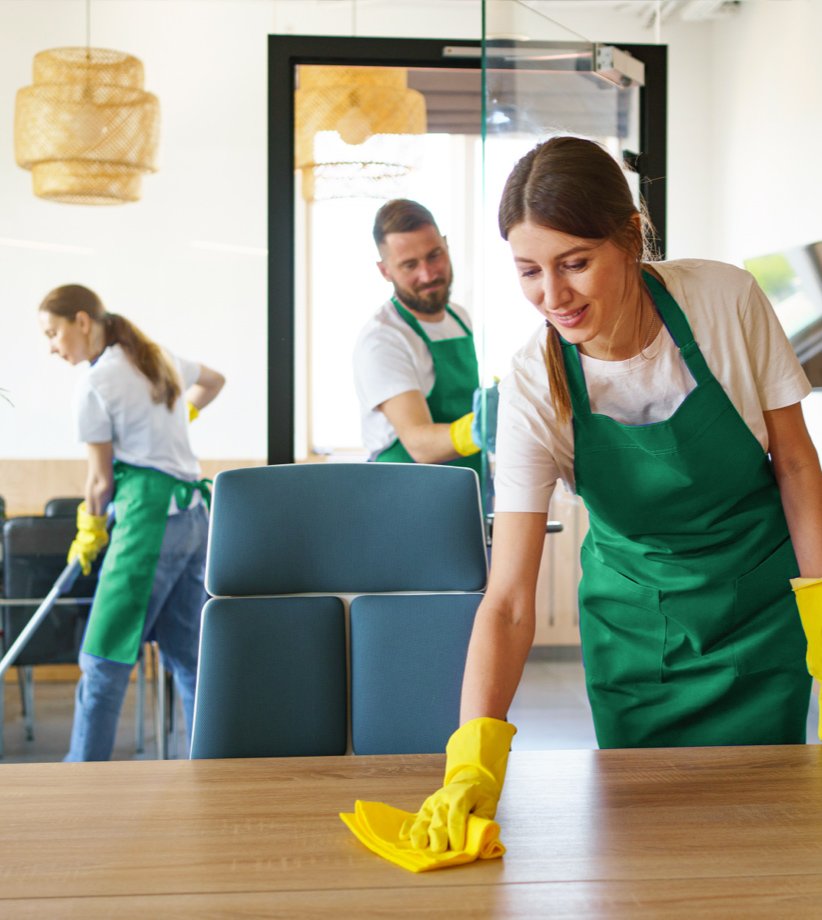 Professional cleaners in green aprons and yellow gloves