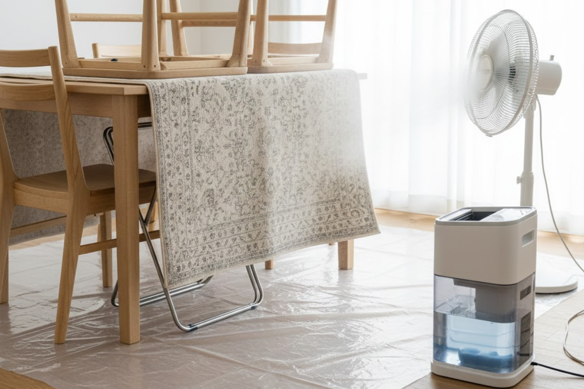 drying area rug on wood floor